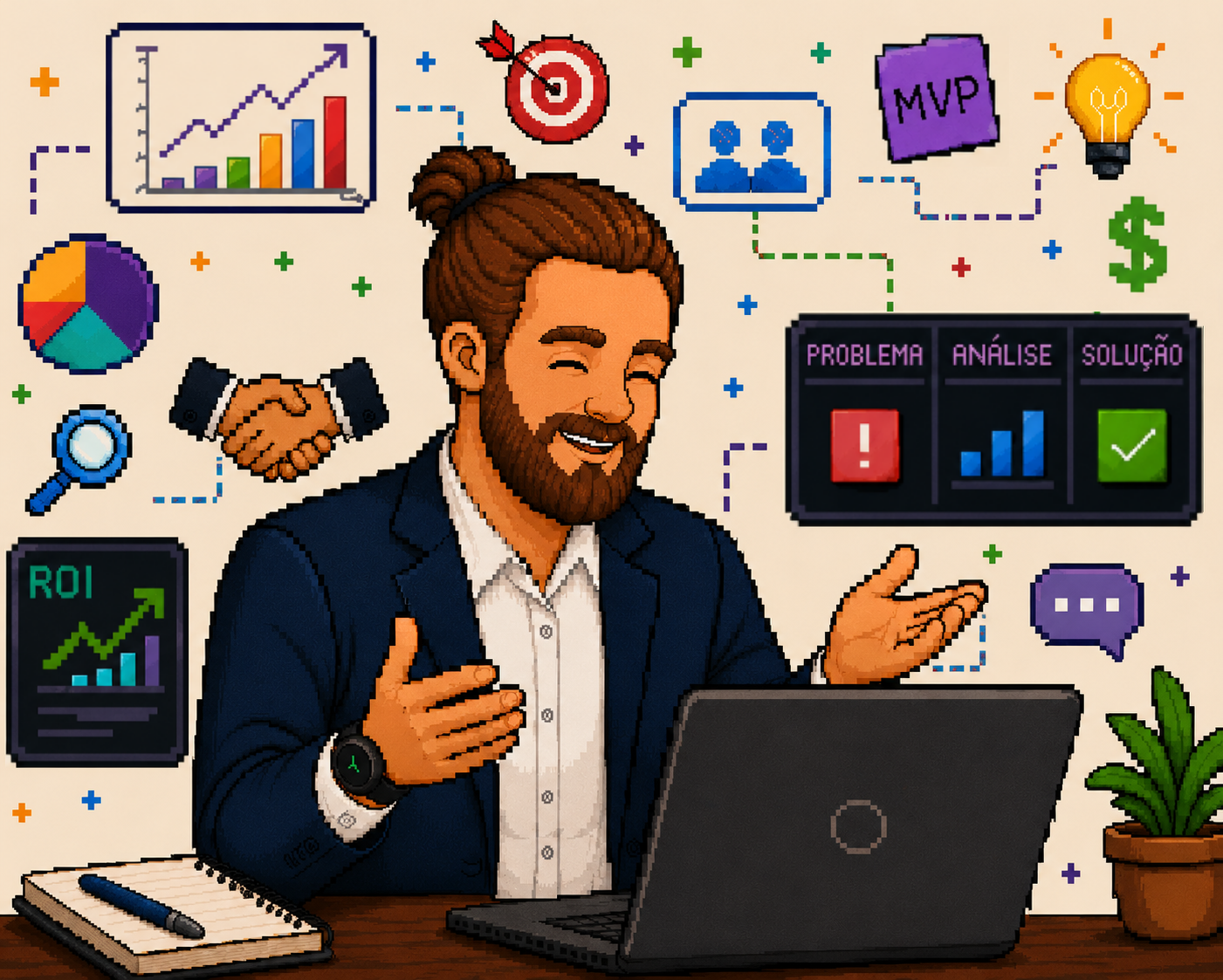 Ilustração representando a atuação de Felipe em consultoria de produto, negócio e inovação
