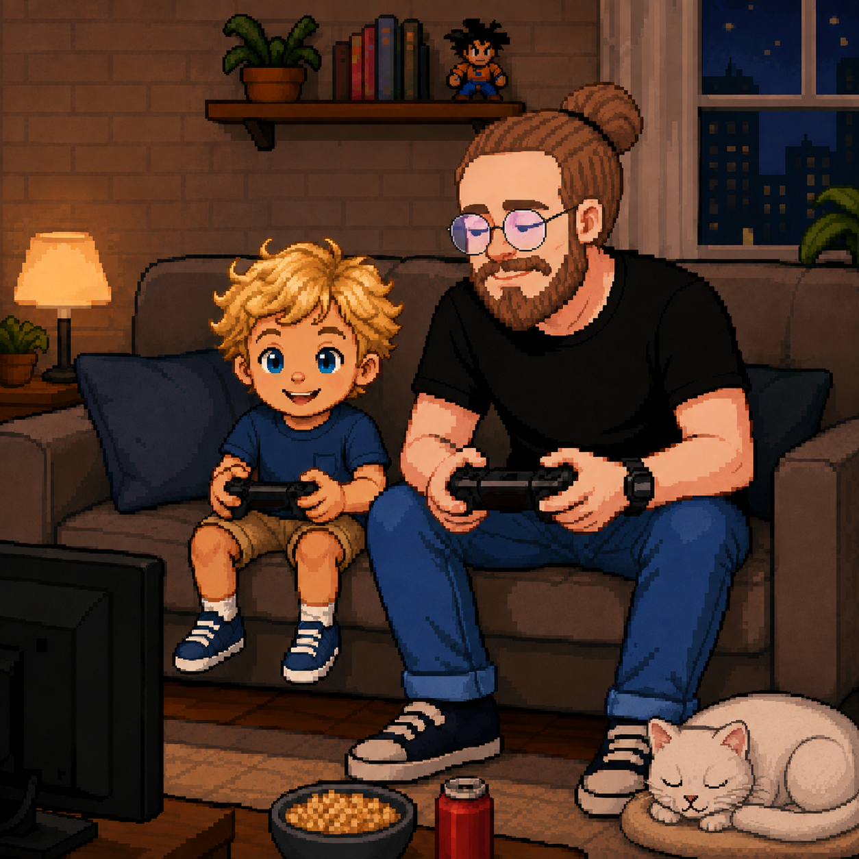 Ilustração em pixel art de Felipe e seu filho